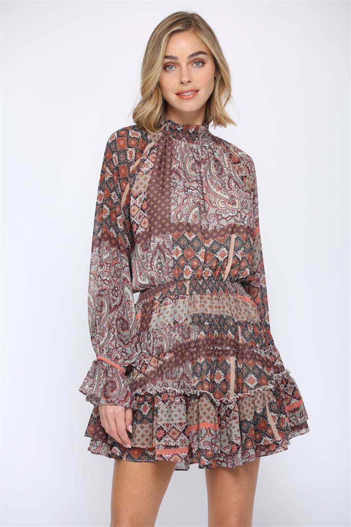 mixed print mini dress Mixed Print Smocked Mini Dress